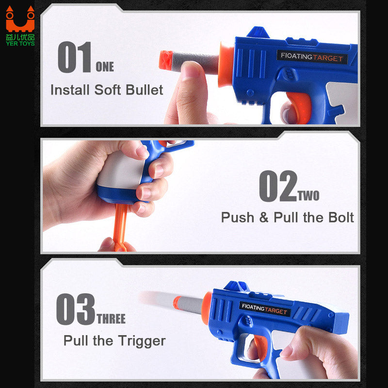 Instructions for using a toy gun with soft bullet, showing installation, activation, and shooting actions.