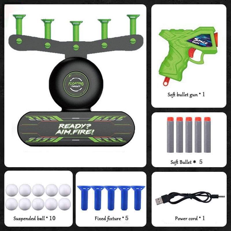 Collage of items including a green and black soft bullet gun, suspended balls, fixed fixtures, and a power cord on a white background.