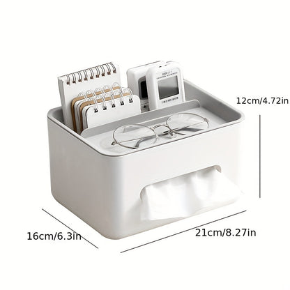 White desk organizer with glasses, phone, and notepads with dimensions indicated.
