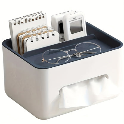 Desk organizer with glasses, notepads, and a phone on a white background