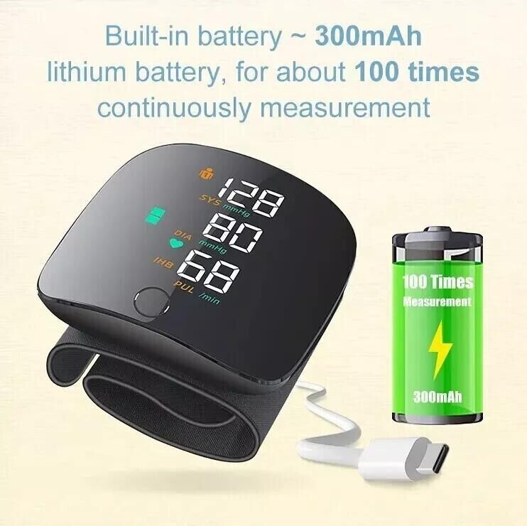 Blood pressure monitor with digital display and a 300mAh battery pack on a light beige background.