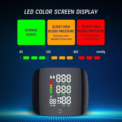 Blood pressure monitor with LED color screen display on a dark background