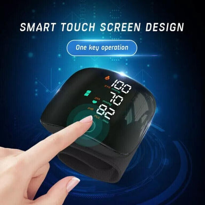 Digital blood pressure monitor with smart touch screen design on a blue background
