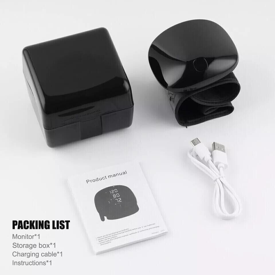 Black electronic device with packaging, charging cable, and product manual on a white background