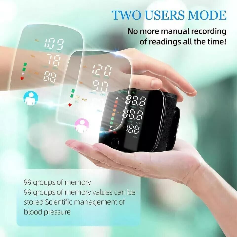 Blood pressure monitor with digital display held in hand, showing two users mode feature.