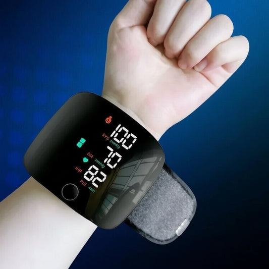 Smartwatch on a wrist with digital display against a blue background