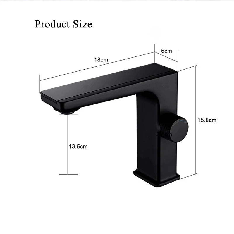 Black faucet with dimensions labeled on a white background