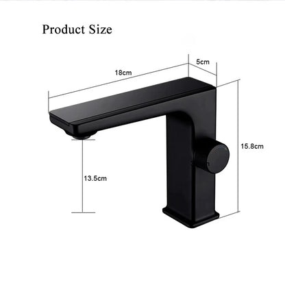 Black faucet with dimensions labeled on a white background
