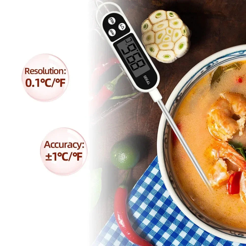 Digital thermometer in a bowl of soup with temperature details on a white background