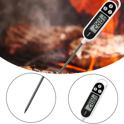 Digital thermometer inserted into a grill with flames and smoke in the background