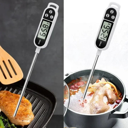 Digital thermometer being used to check the temperature of a piece of meat on a grill and food in a pot.
