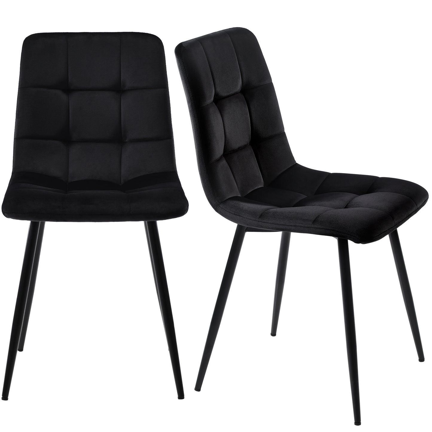 Two black upholstered chairs with quilted design on a white background