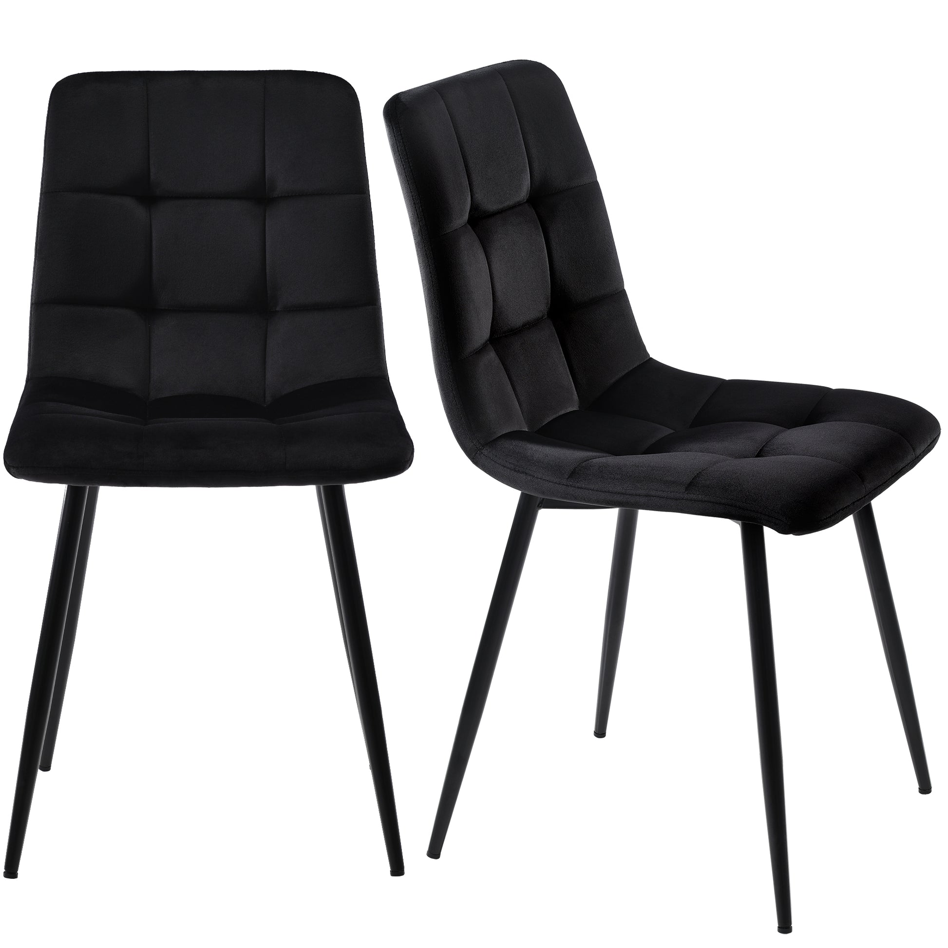 Two black upholstered chairs with quilted design on a white background