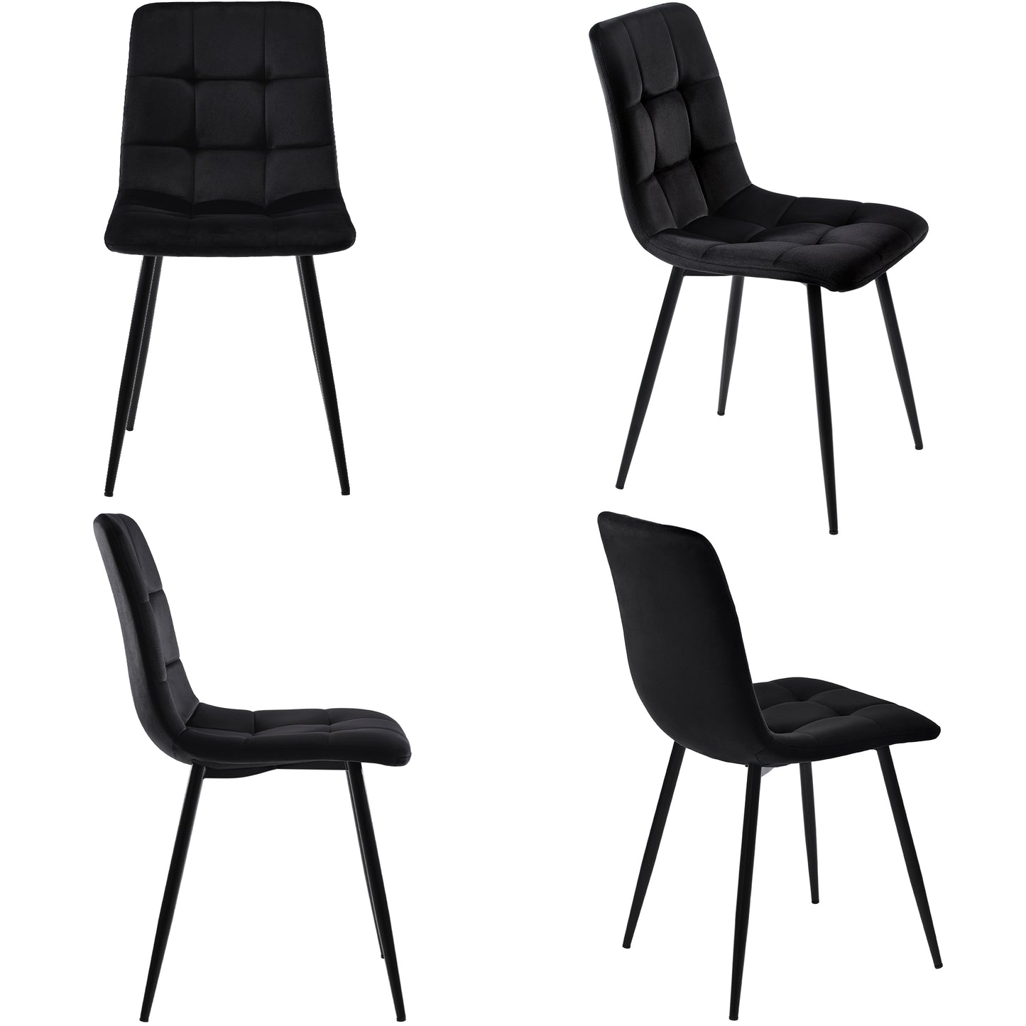 Four black chairs with quilted backrests on a white background