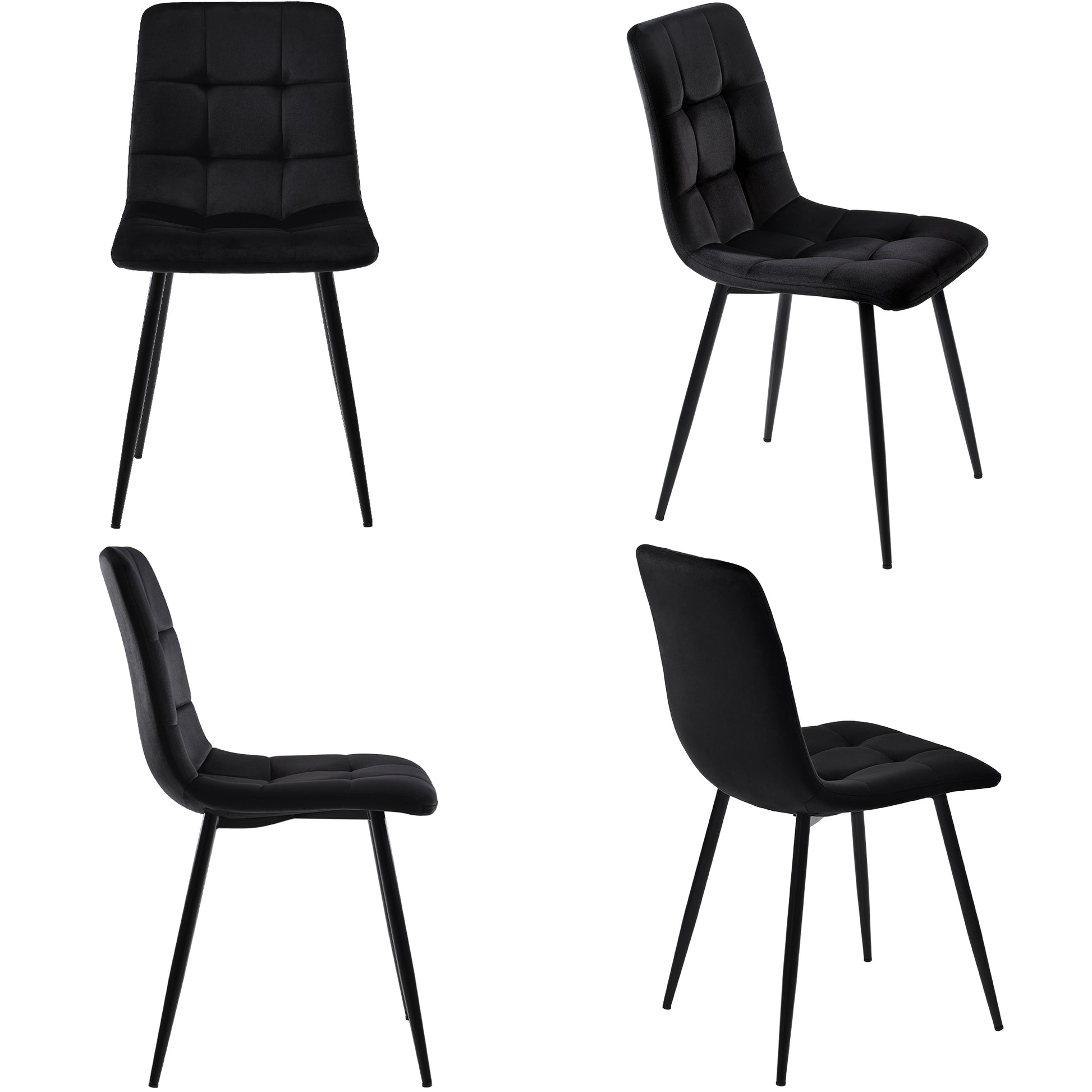 Four black chairs with quilted backrests on a white background