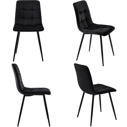 Four black chairs with quilted backrests on a white background