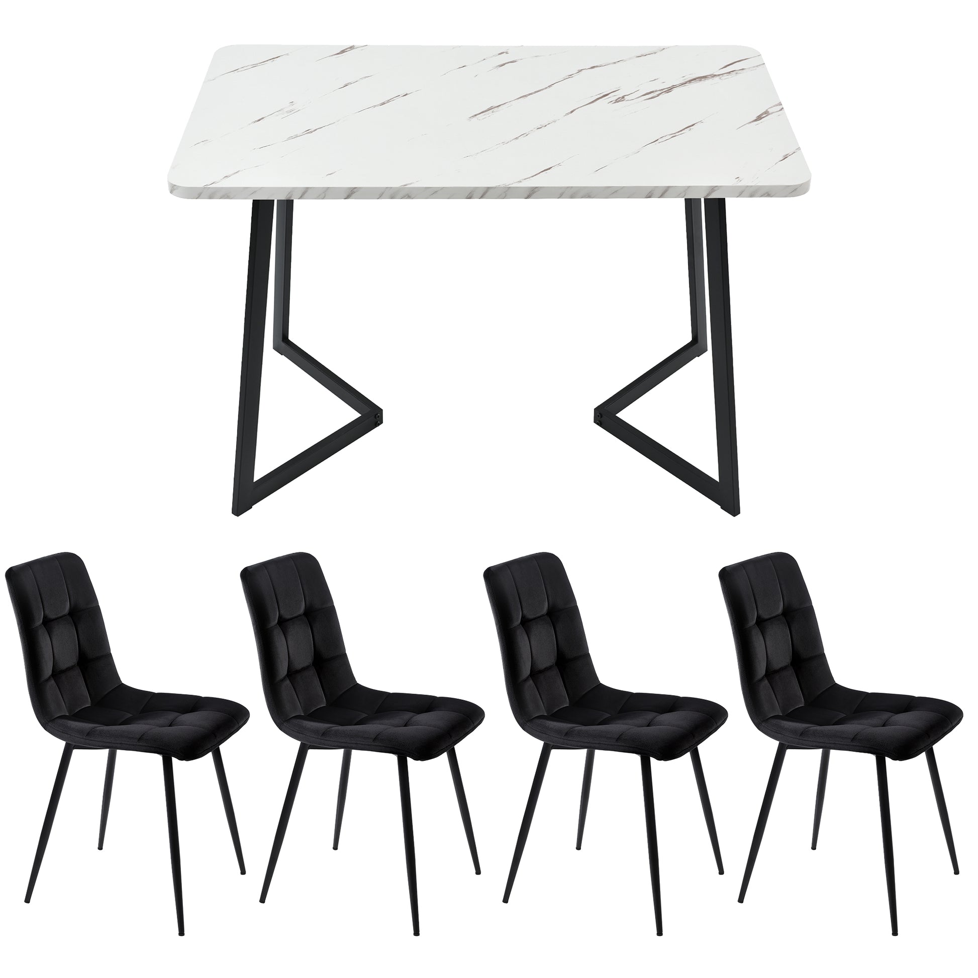 Dining set with marble table and black chairs on a white background