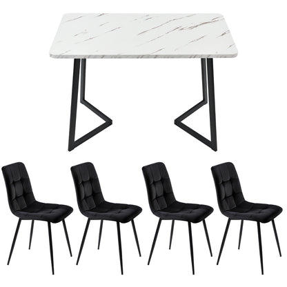 Dining set with marble table and black chairs on a white background