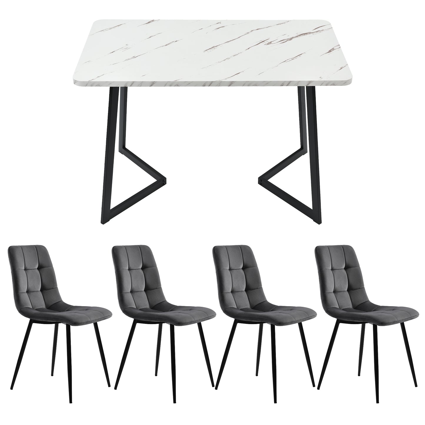 Dining table with marble-like surface and four gray chairs on a white background