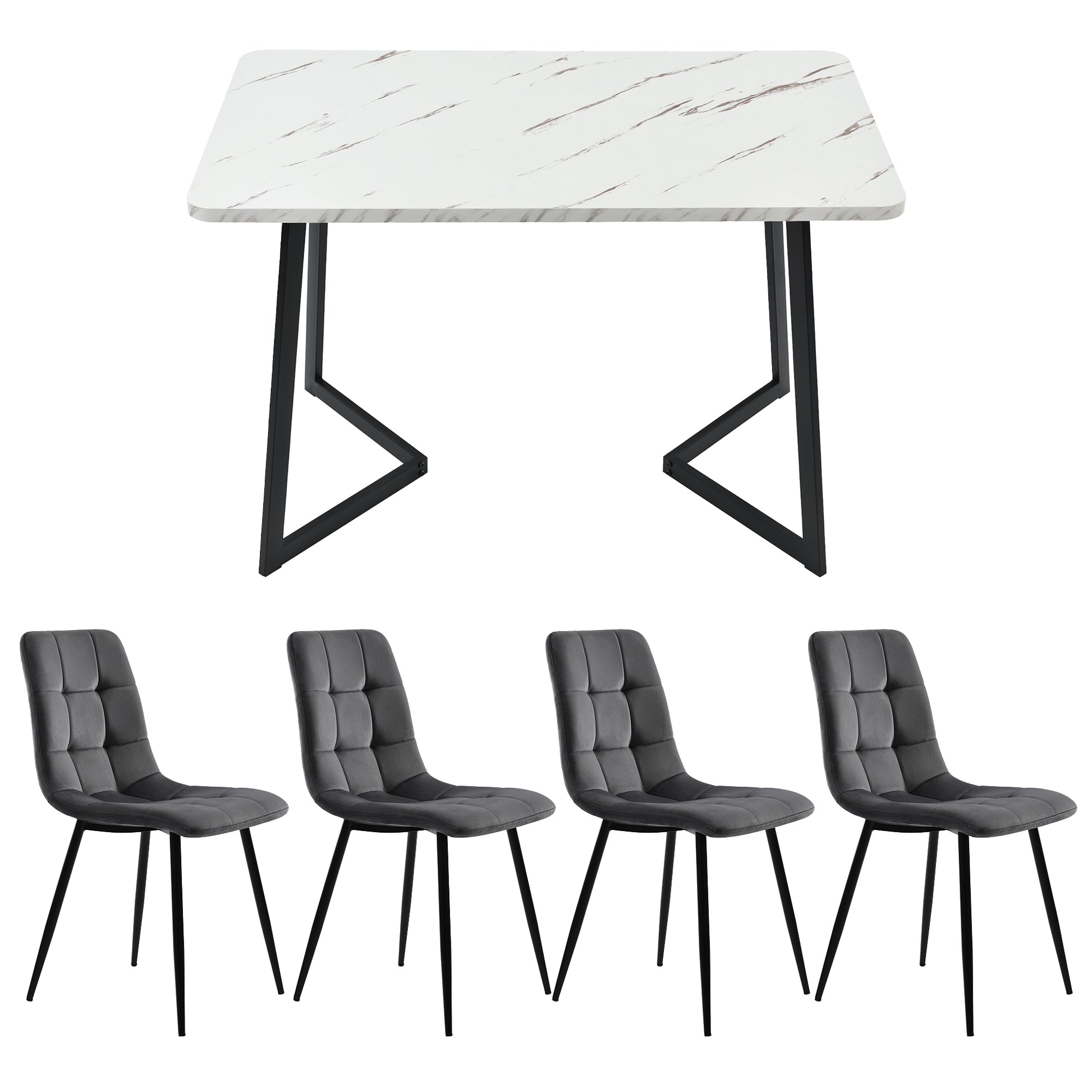 Dining table with marble-like surface and four gray chairs on a white background