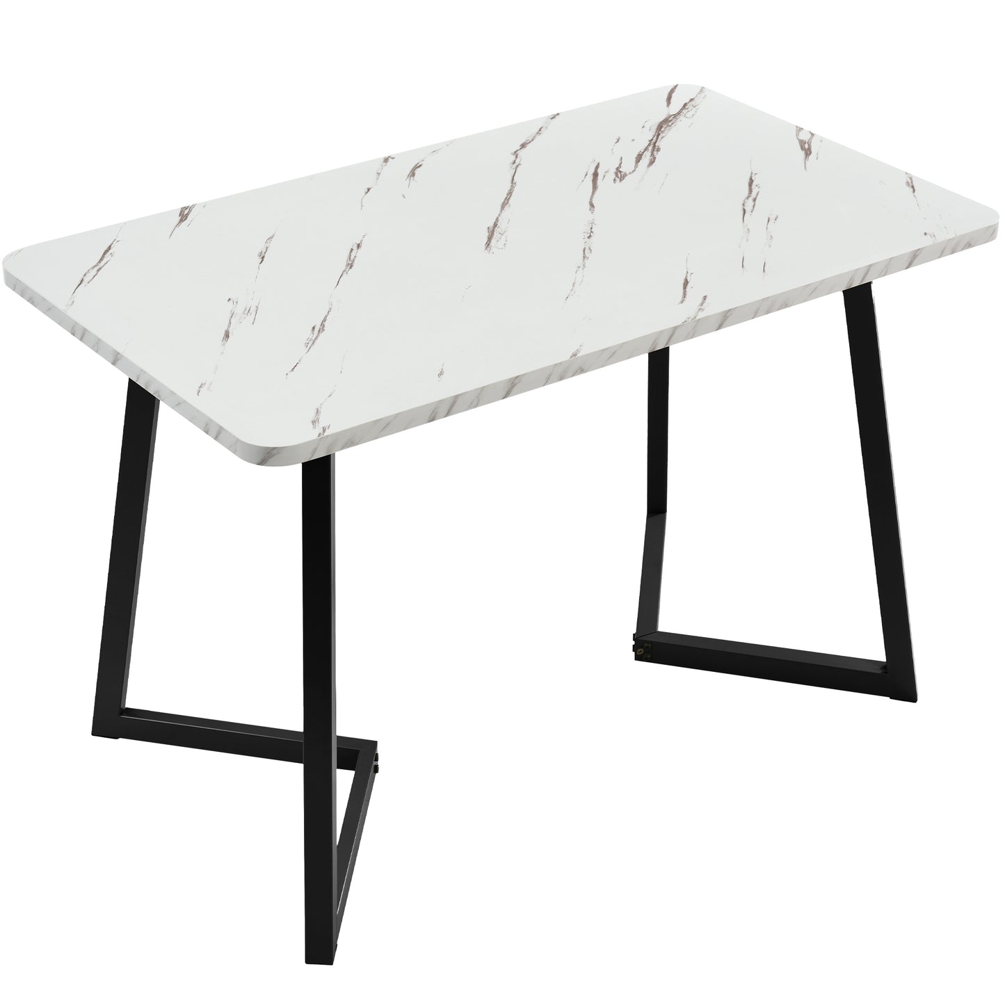 Dining table with marble-like top and black metal legs on a white background