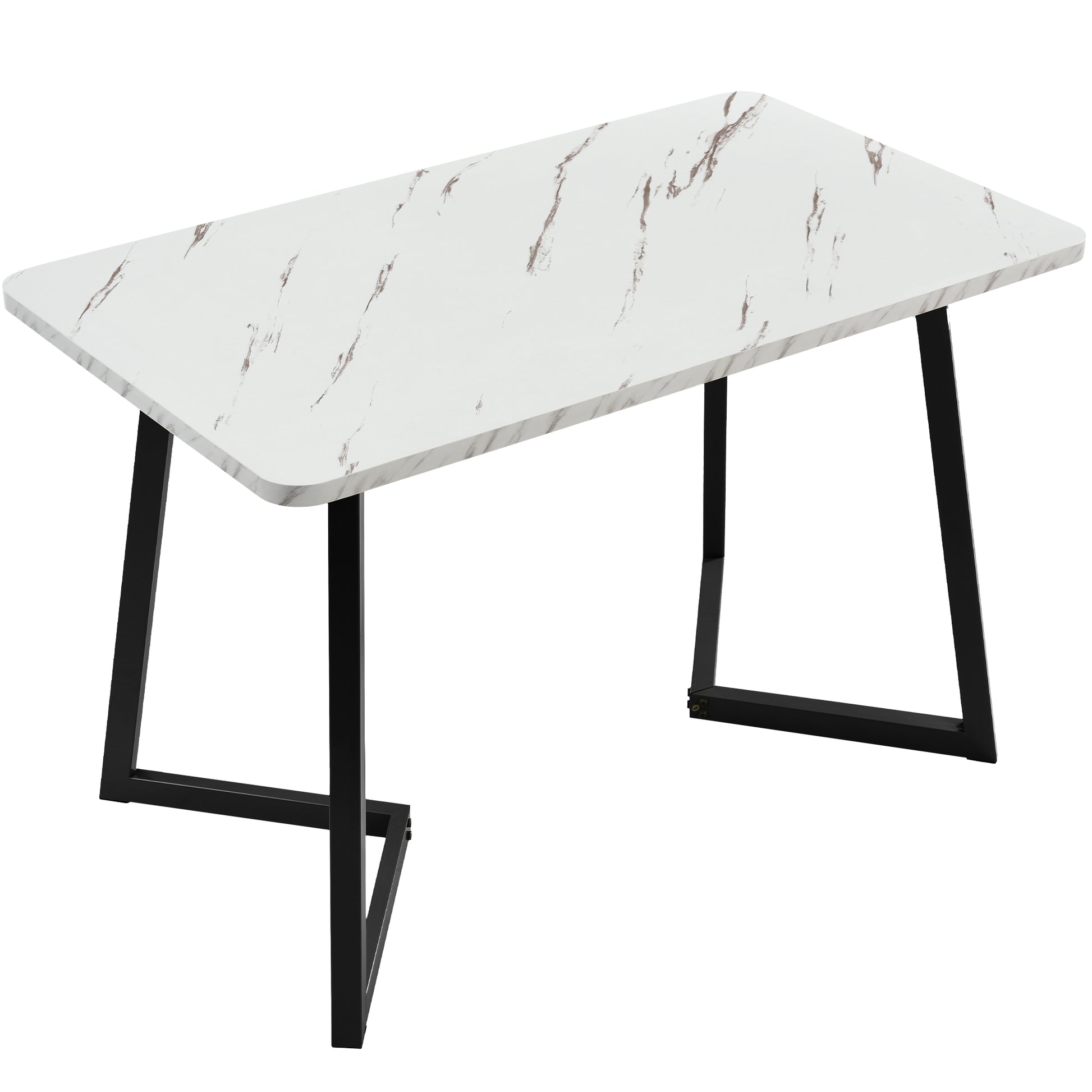 Dining table with marble-like top and black metal legs on a white background