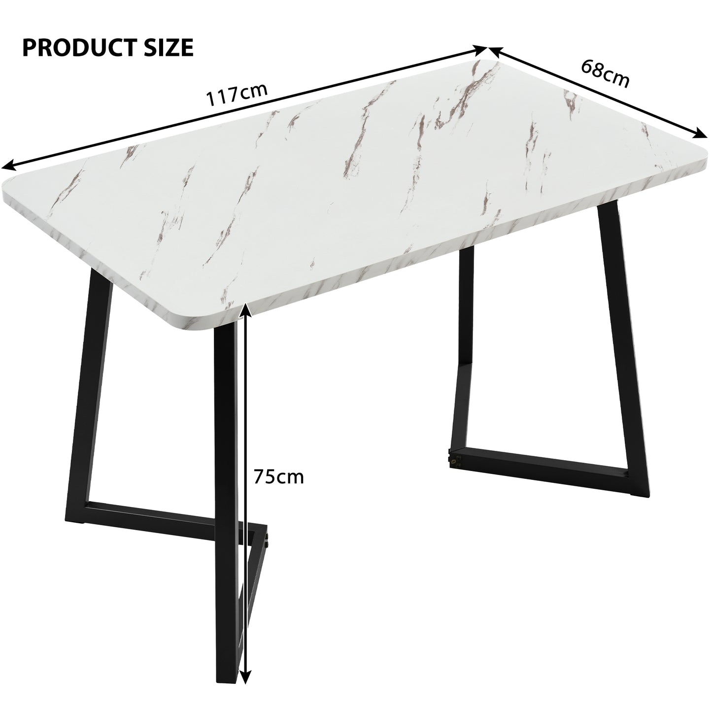 White marble-style table with black metal legs and dimensions labeled.