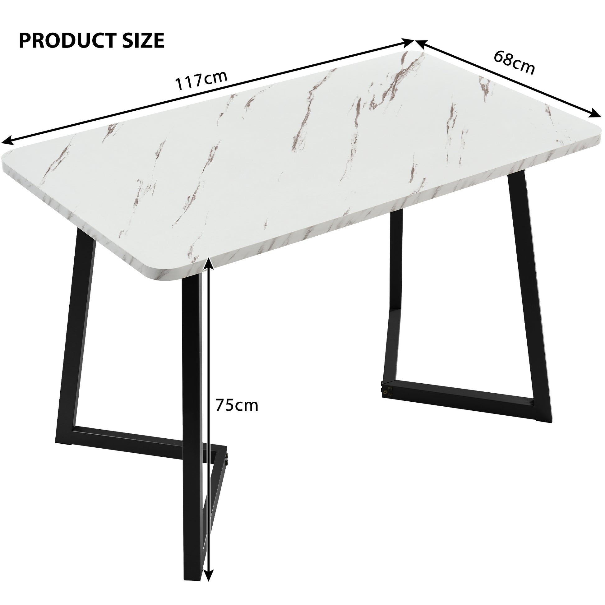 White marble-style table with black metal legs and dimensions labeled.