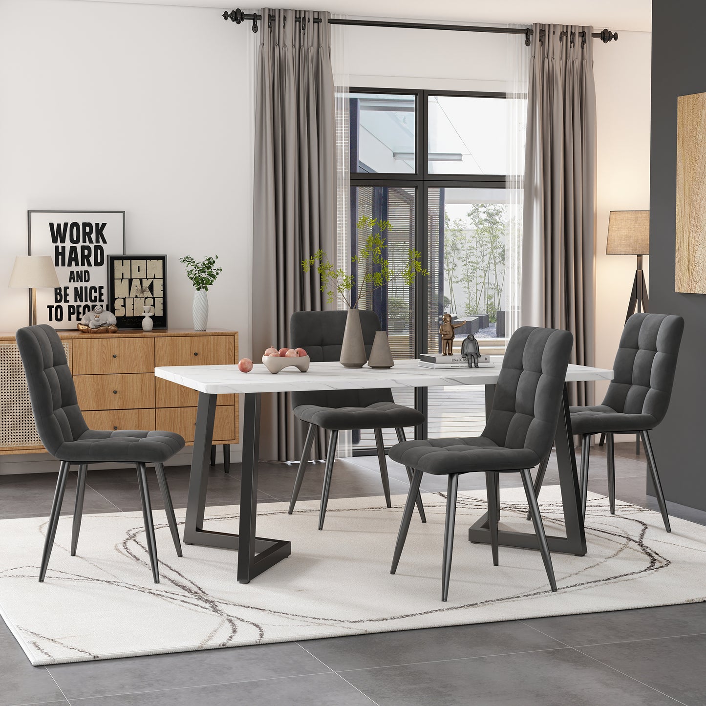 Dining room with a table and chairs in a modern interior setting.