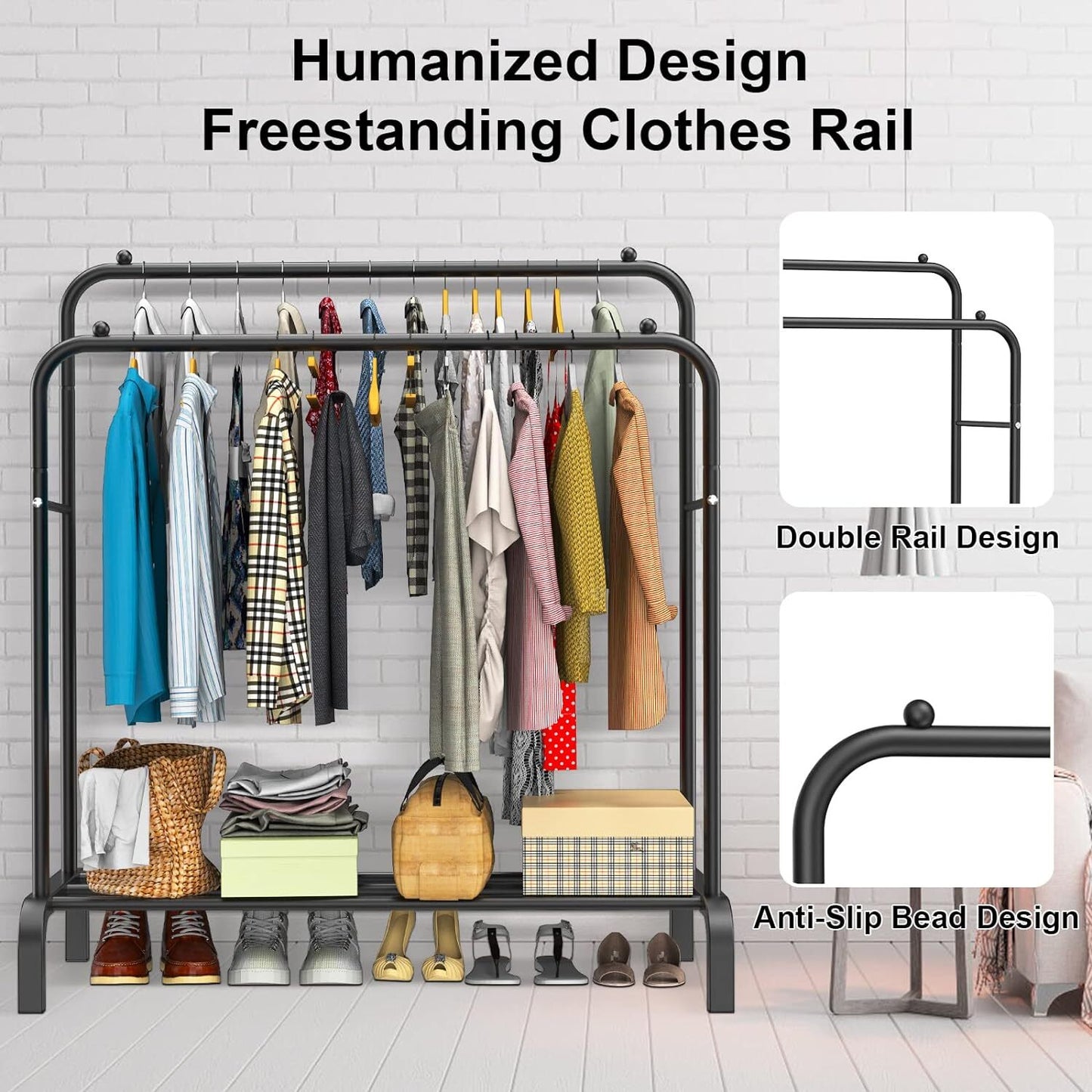 Freestanding clothes rail with clothes and shoes, featuring a double rail design and anti-slip bead design.