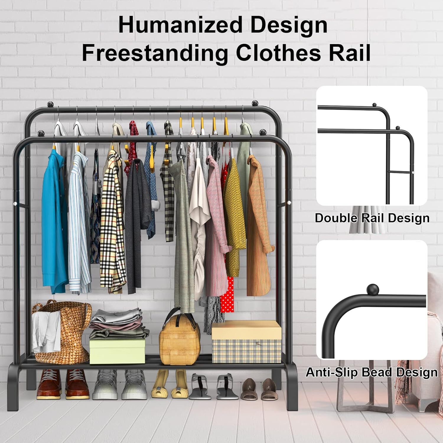 Freestanding clothes rail with clothes and shoes, featuring a double rail design and anti-slip bead design.