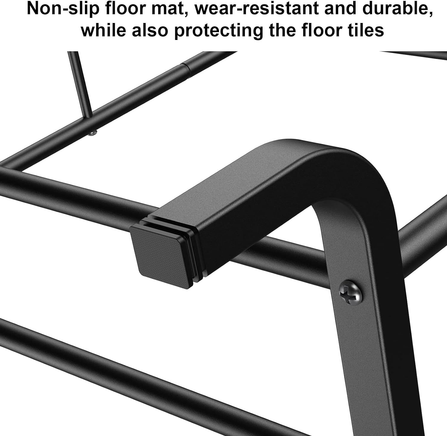 Black metal floor mat with text about its properties on a white background
