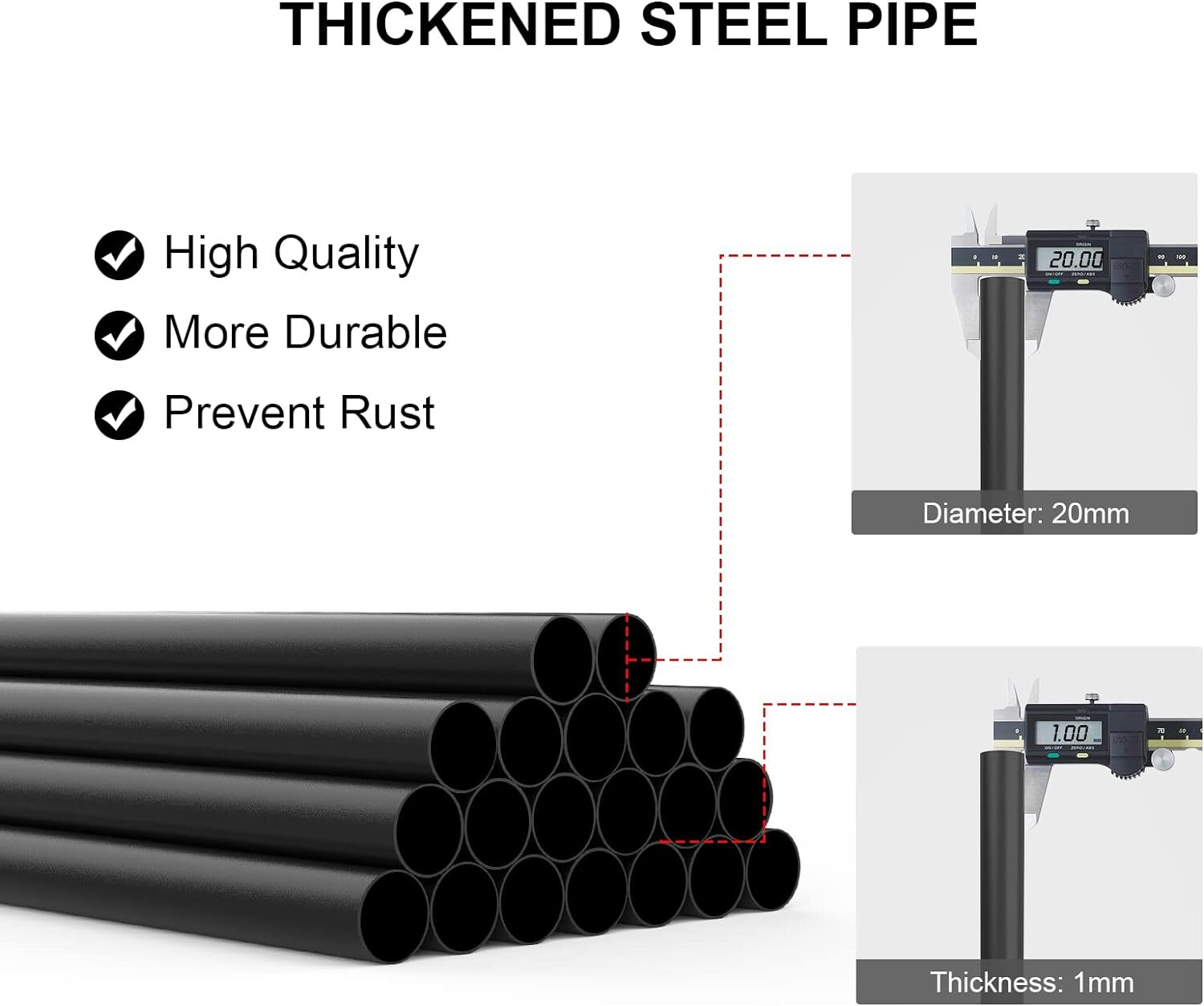 Black thickened steel pipes with measurement details on a white background