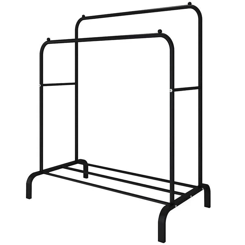 Black metal garment rack on a white background