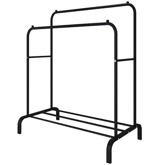 Black metal garment rack on a white background