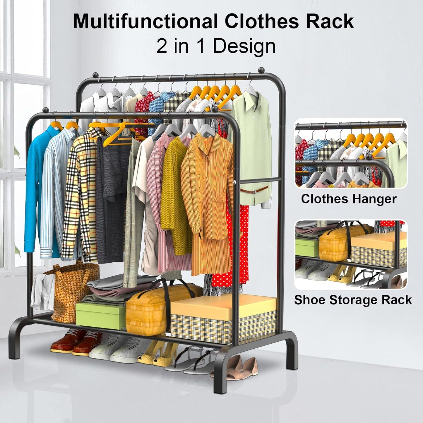 Multifunctional clothes rack with clothing, shoes, and bags on a white background