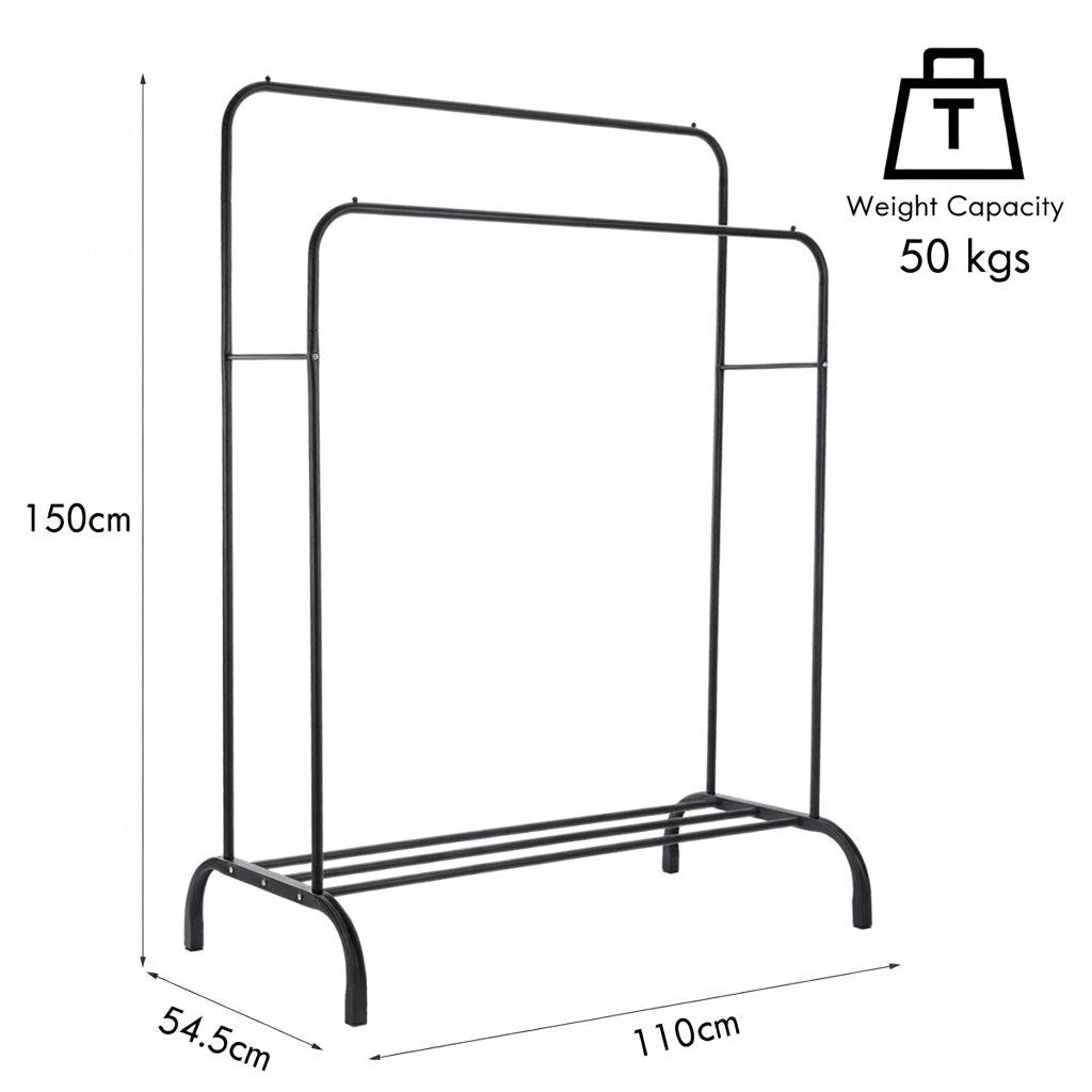 Black metal clothing rack with dimensions and weight capacity on a white background