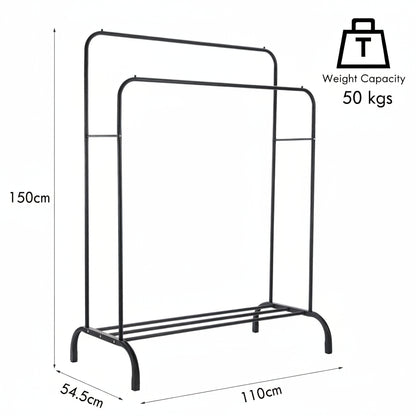 Black metal clothing rack with dimensions and weight capacity on a white background