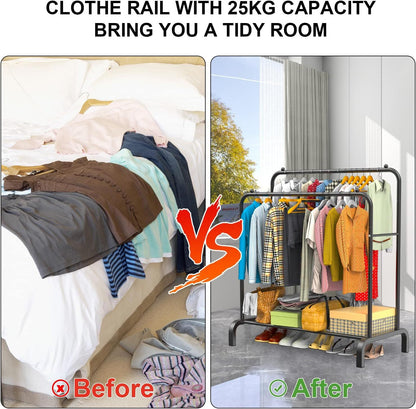 Clothing rack with 25kg capacity before and after comparison in a tidy room.
