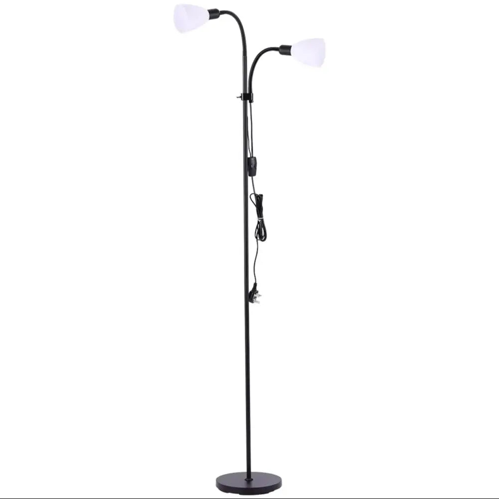 Black floor lamp with two reading lights on a white background