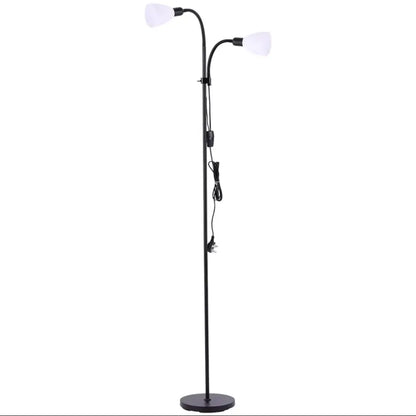 Black floor lamp with two reading lights on a white background