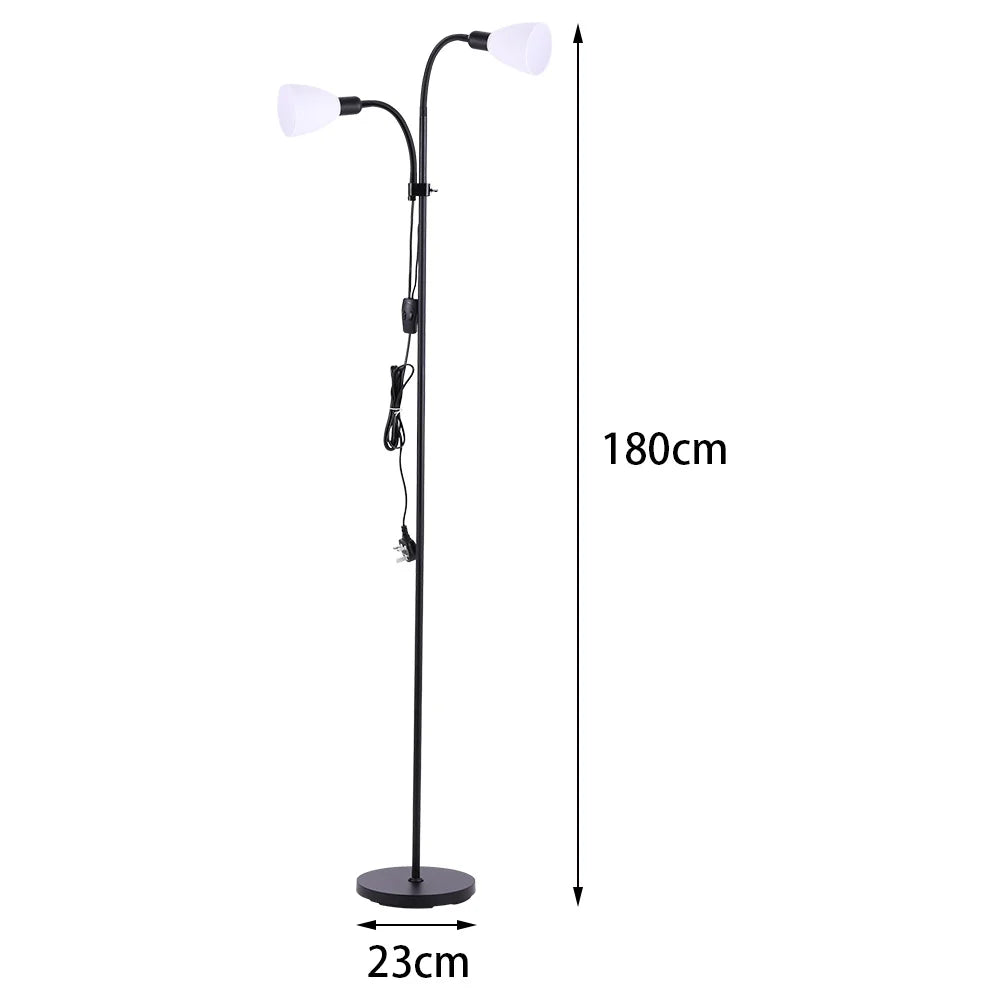Black floor lamp with adjustable reading light and dimensions on a white background