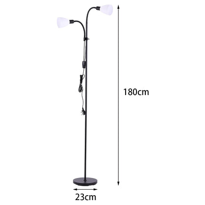 Black floor lamp with adjustable reading light and dimensions on a white background
