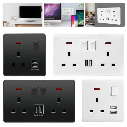 Collage of black and white wall sockets with USB ports on a white background.