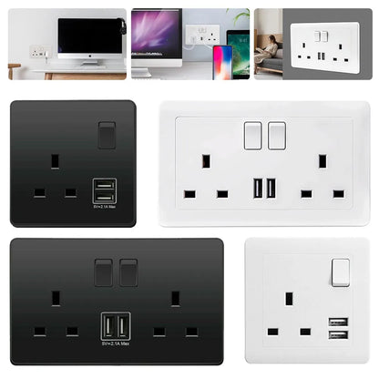Collage of black and white wall sockets with USB ports on a white background.