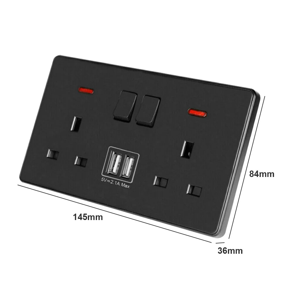 Black electrical socket with USB ports and dimensions labeled