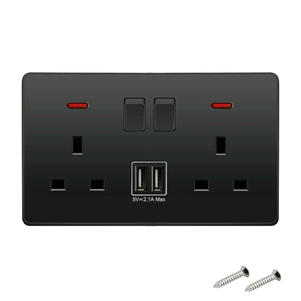 Black electrical socket with USB ports and screws on a white background