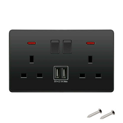 Black electrical socket with USB ports and screws on a white background
