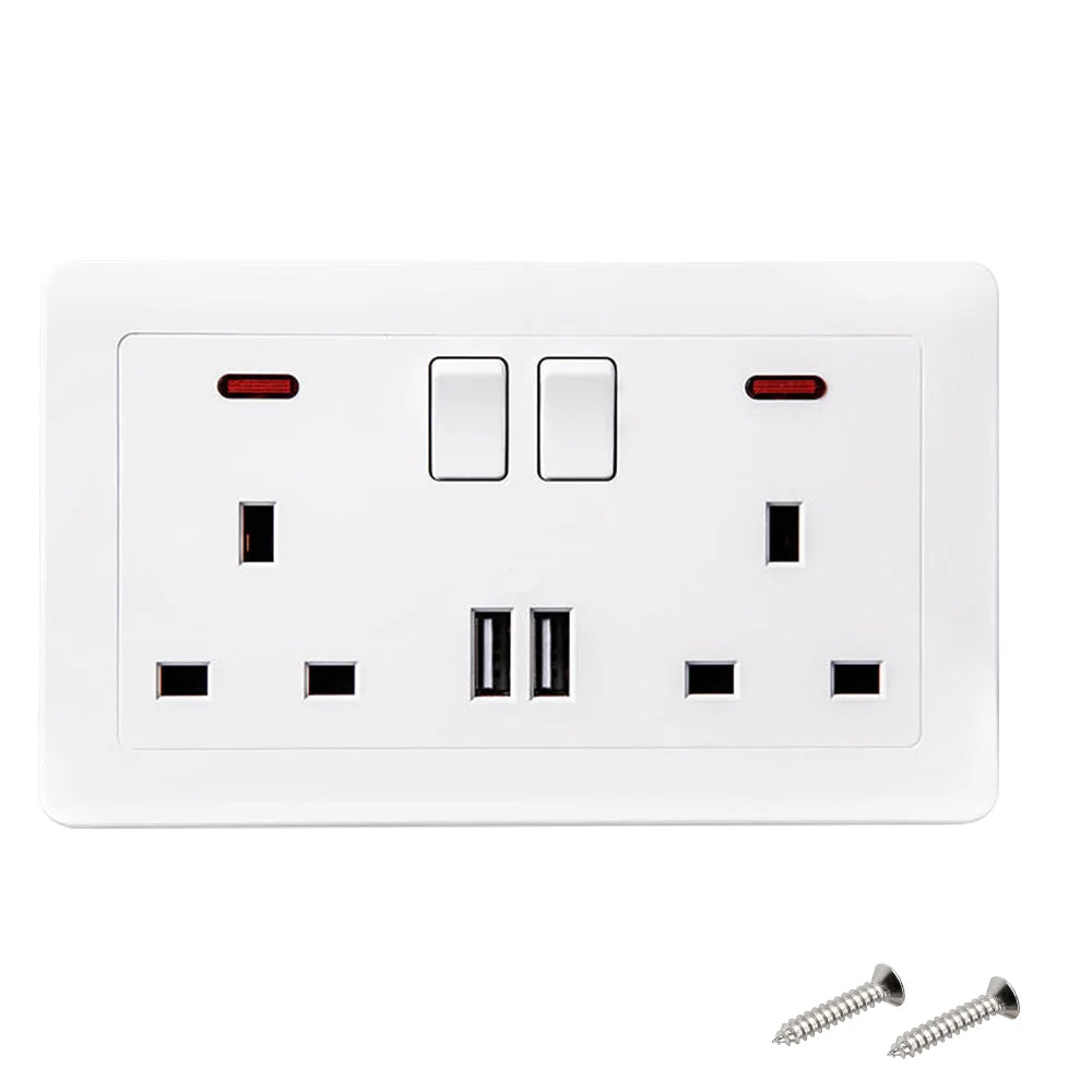 White electrical socket with USB ports and screws on a white background