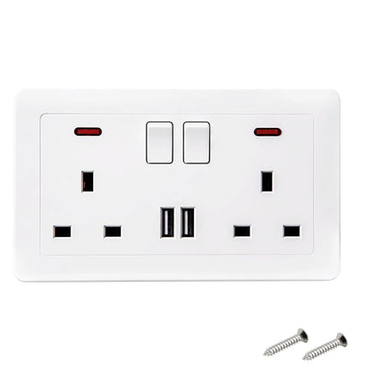 White electrical socket with USB ports and screws on a white background